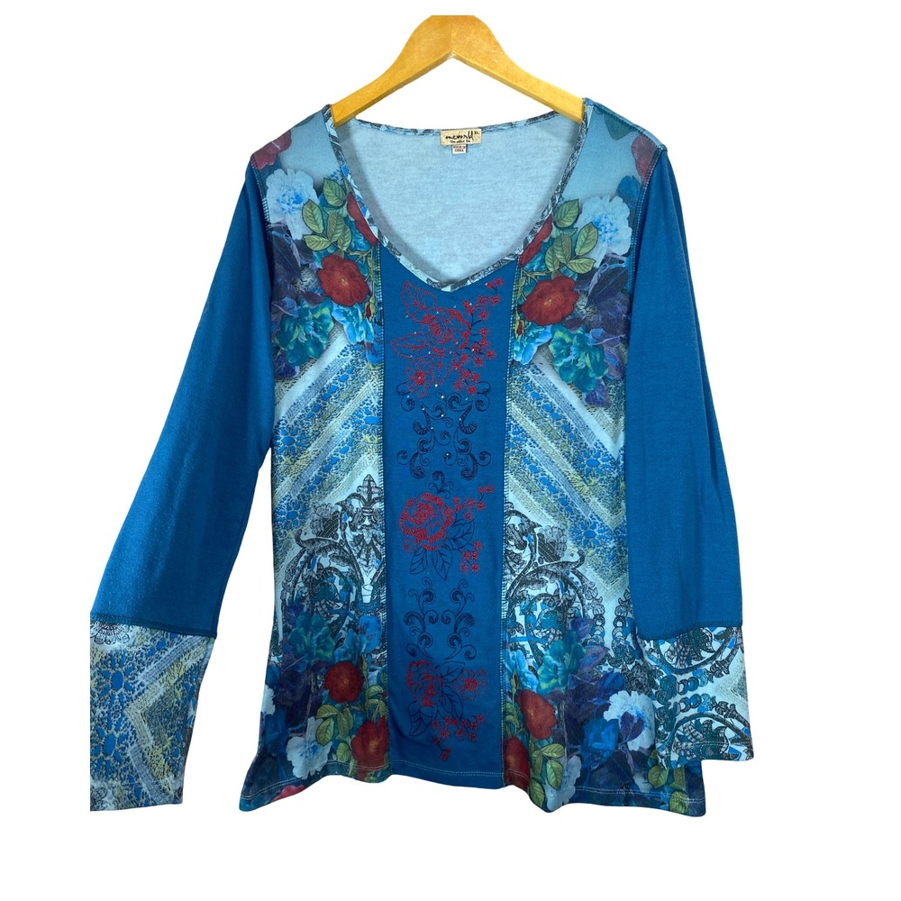One World Womens XL Blue Floral Paisley Embroidered V-Neck Long Sleeve Top Boho